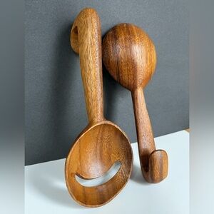 Artisan Wooden Salad Servers Hand-turned Serving Utensils Teak Handcrafted Wood